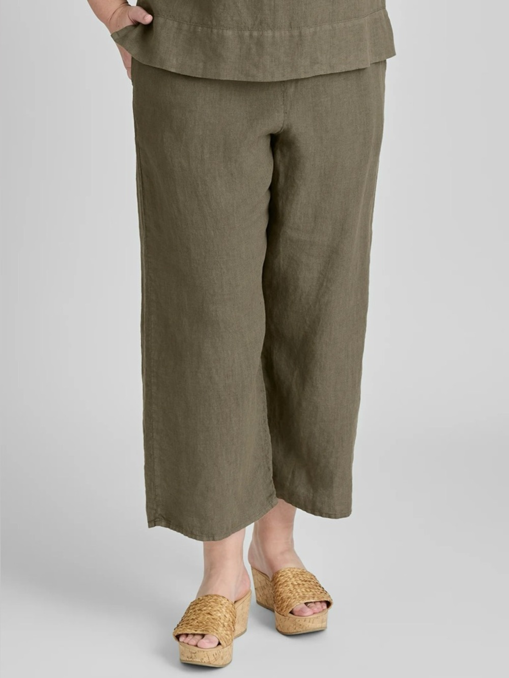 FLAX Floods Linen Pants Small Olive Green Elastic Waist Cropped Wide Leg Natural